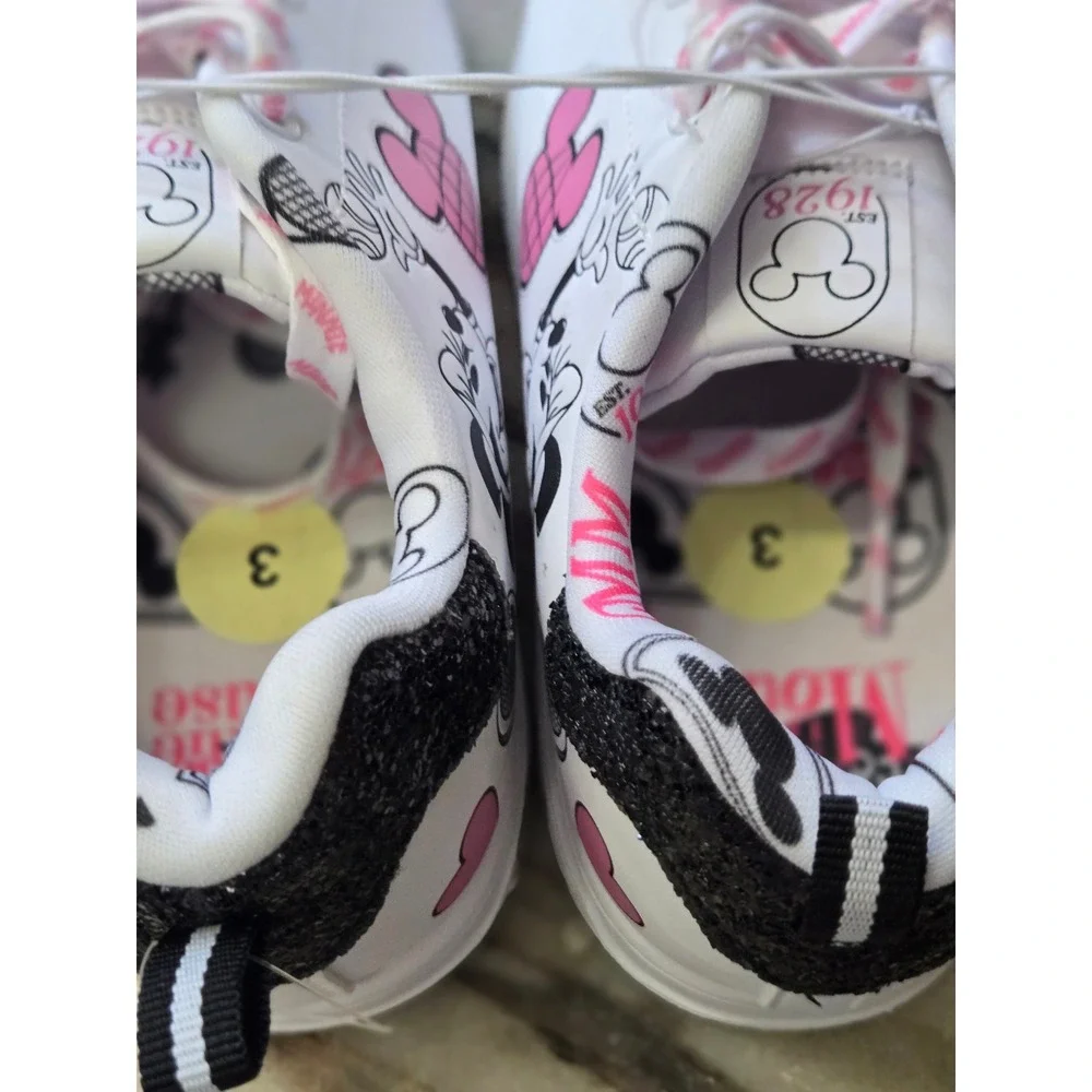 Disney Minnie Mouse Tennis Sneakers White Pink Glitter Girls Size 3 Low Top